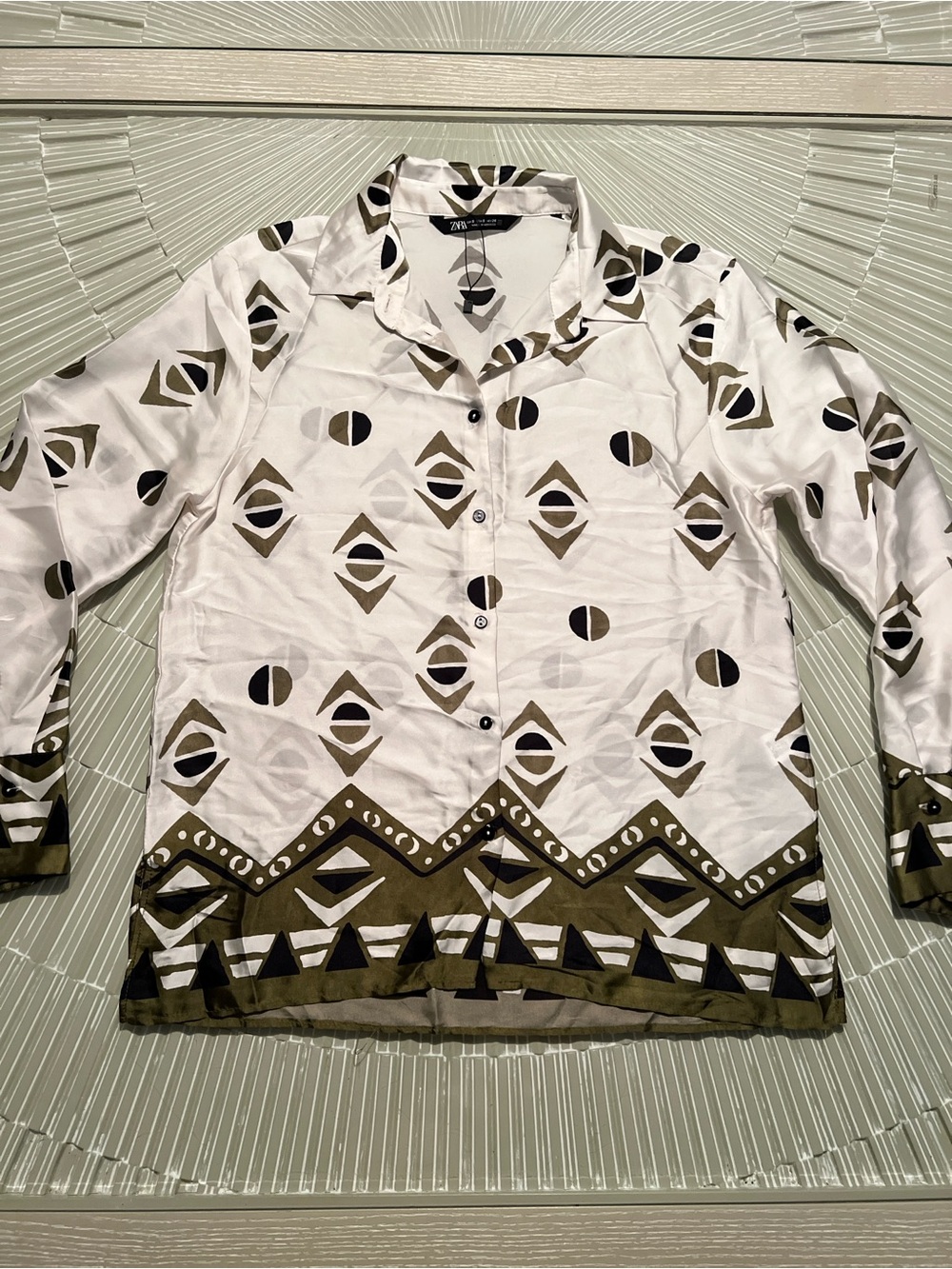 Zara White & Olive Geometric Print Lightweight Shirt Jacket